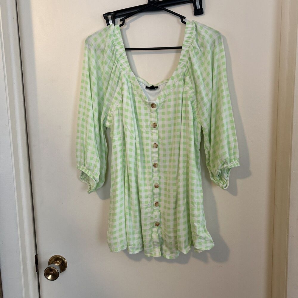 Torrid top 1 Fit & Flare Slub Button‎ Up 3/4 Sleeve Green Gingham Cottagecore